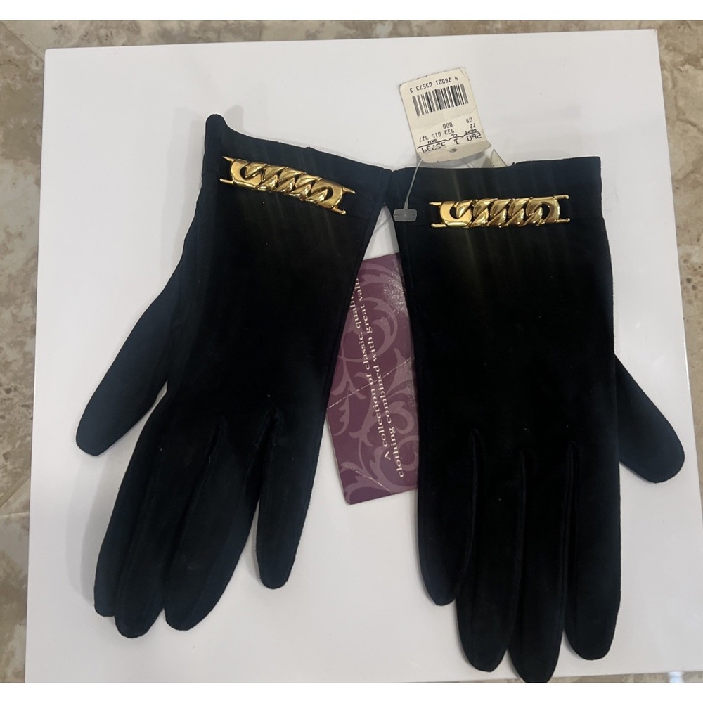 Vintage Italian Black Suede Leather Silk Lined Gloves Gold Chain Detail Size 7.5